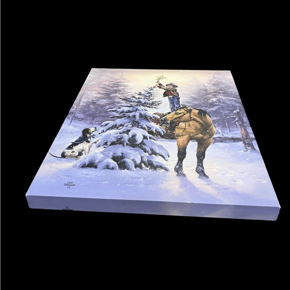 Jack Sorensen Canvas Wall Art Boy Hanging A Star On A Snow Flocked Tree 20”x16” - Picture 8 of 12
